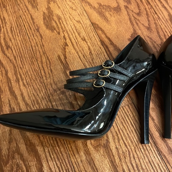 RACHEL ZOE Sam black patent leather 3 strap heeled pump point toe size 10 - Picture 14 of 17